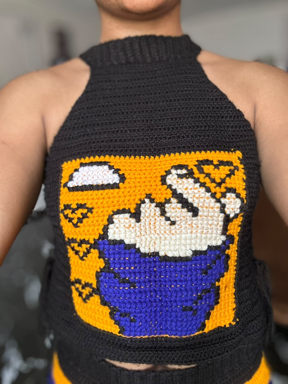 Statement crochet halter top with landscape design