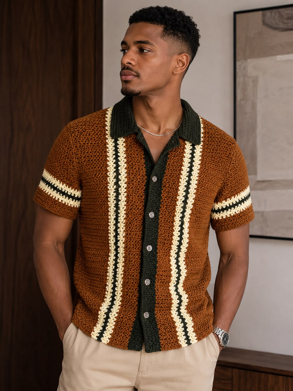 Men's handcrafted crochet polo shirt in cocoa, cream and forest stripes
